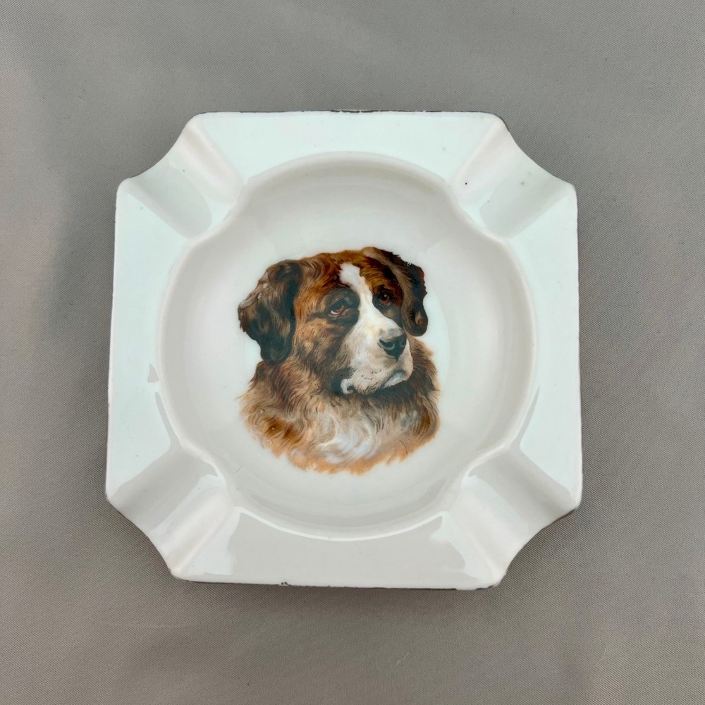 Schwarzenhammer Bavaria Saint Bernard Dog Ashtray White Gold Trim Vintage Good